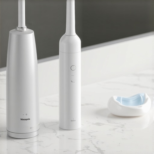 Close up of a water flosser and electric toothbrush on a bathroom counter
