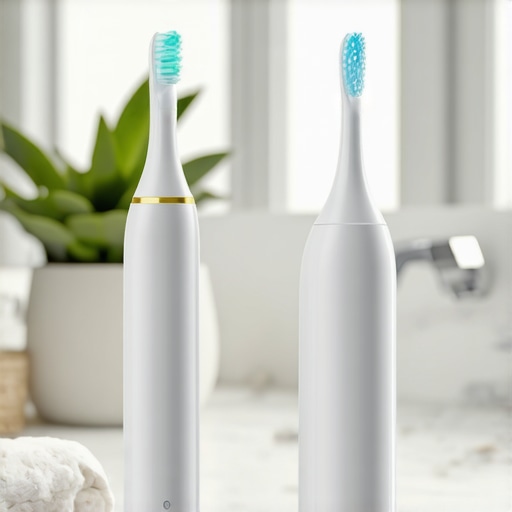 Professional Dental Maintenance Tools A sonic toothbrush and water flosser on a bathroom counter representing home dental care.