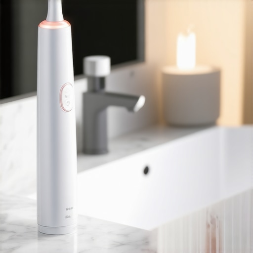 Close up of an electric toothbrush and ultrasonic cleaner on a bathroom counter.