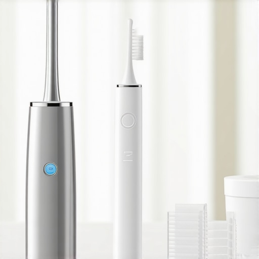 Professional Home Dental Maintenance Tools Ultrasonic cleaner and electric toothbrush on a bathroom counter for dental maintenance