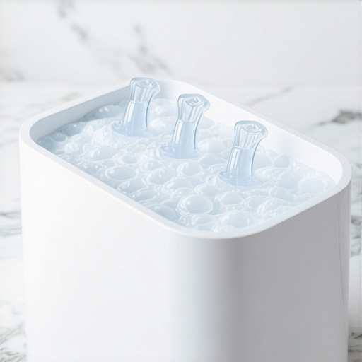 Professional Ultrasonic Aligner Cleaner Modern ultrasonic cleaner for clear aligners and night guards on a bathroom vanity.