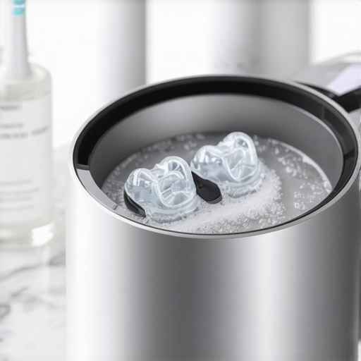 Professional Ultrasonic Cleaner for Clear Aligners A silver ultrasonic cleaner on a bathroom vanity cleaning Invisalign trays with high-frequency bubbles.