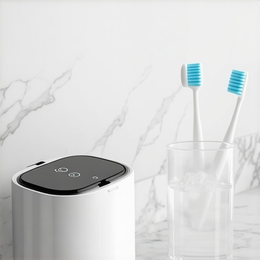 Ultrasonic dental cleaner on a bathroom counter for maintaining dentures and veneers
