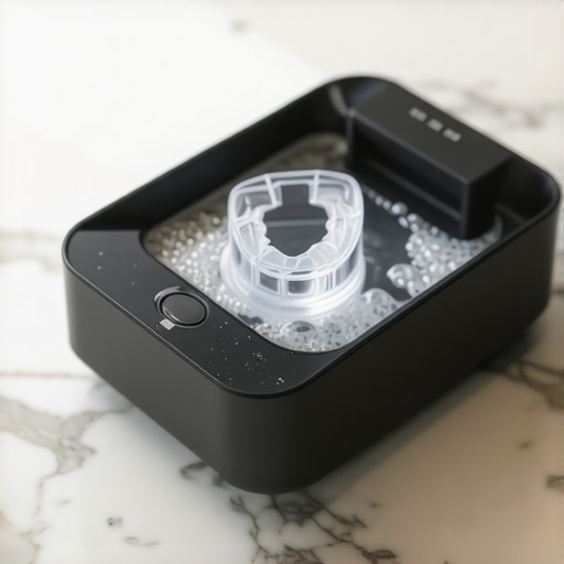 Ultrasonic cleaner for Invisalign retainers on a bathroom counter
