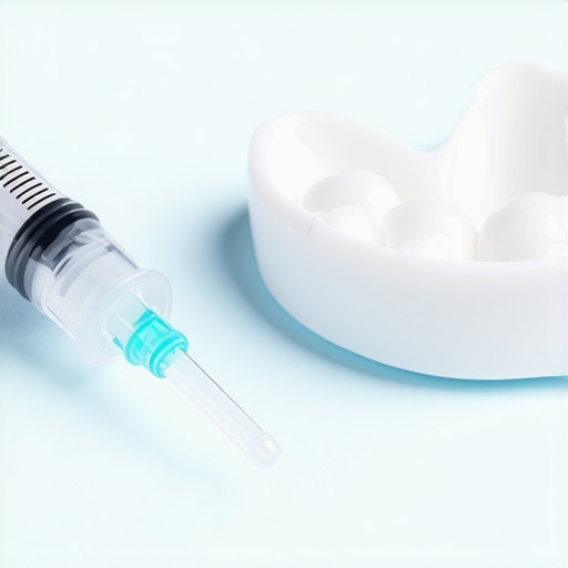 A dental whitening syringe and custom tray resting on a clean background.