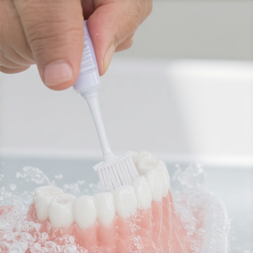 A person cleaning dentures with a soft brush over a sink.