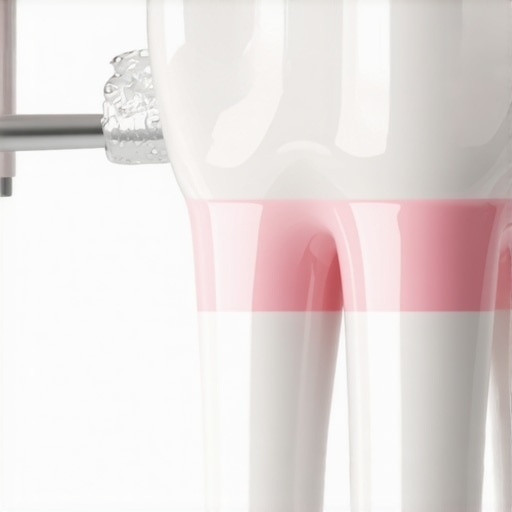 Close-up showing a water flosser tip held at a 90-degree angle to the tooth and gum line