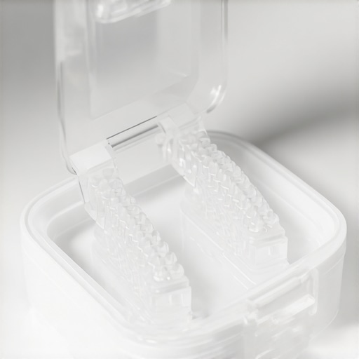 Proper storage of a clear dental retainer A clear orthodontic retainer being placed into its protective case to prevent tooth movement.