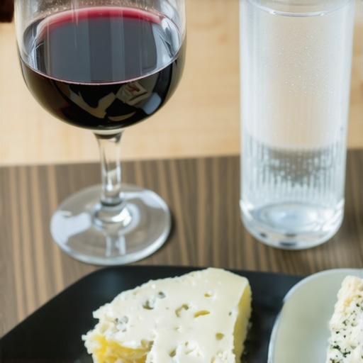 A glass of red wine and sparkling water with cheese to prevent teeth staining