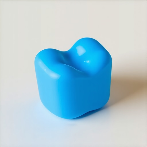 Rubber Bite Block for Jaw Comfort A blue dental bite block on a tray used to keep a patient's mouth open comfortably during a cleaning.