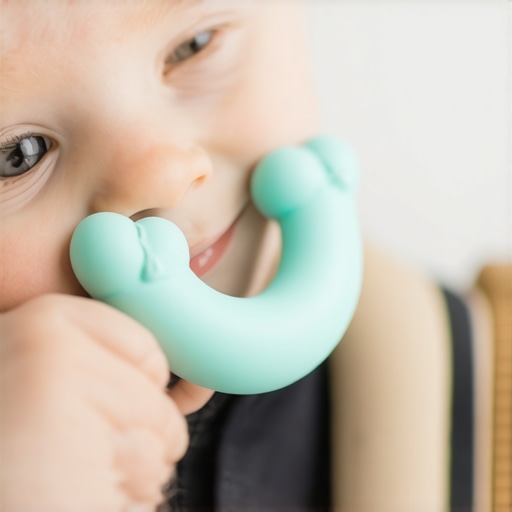 A baby holding a blue textured silicone teething toy for gum relief.