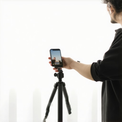 Setting up a camera at a distance for an accurate smile photo A person taking a photo from a distance using a tripod to avoid camera lens distortion.