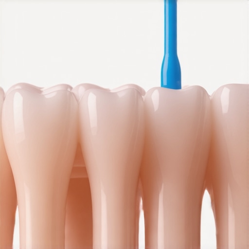 Specialized cleaning tools for dental implants A person using an interdental brush and water flosser to clean around a dental implant crown.