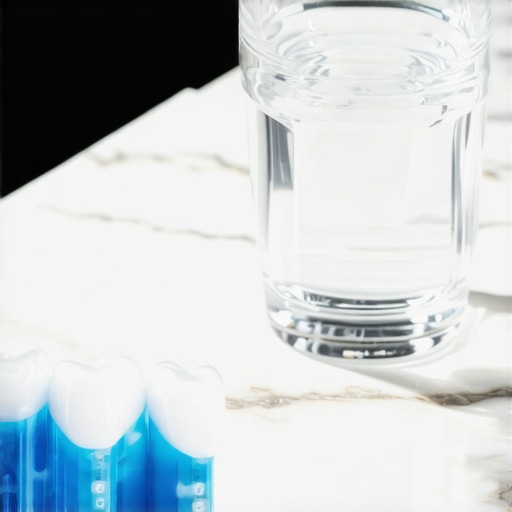 A dental whitening kit and a glass of water reflecting the importance of hydration for tooth enamel color.