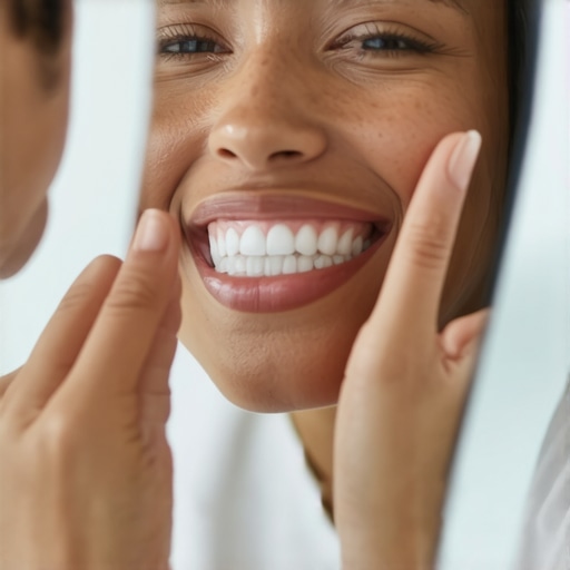 A person reflecting on dental whitening and veneer options in a bathroom mirror