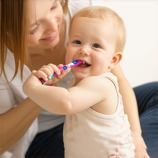 The pediatric positioning technique for brushing toddler teeth Mother brushing toddler's teeth from behind to avoid biting