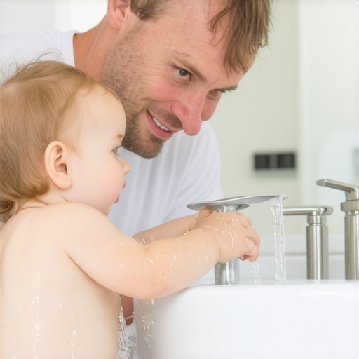 A toddler learning how to spit water into the sink during dental training.
