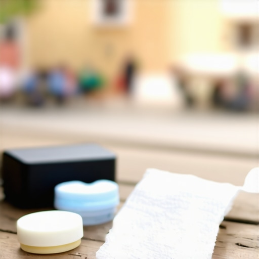 Travel Dental Emergency Kit Essentials A compact dental first aid kit for travelers featuring wax and gauze on a wooden table.