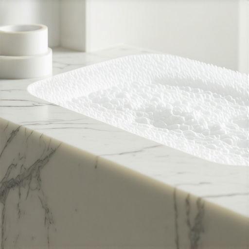 A modern ultrasonic cleaning bath with a clear dental aligner tray submerged in water on a bathroom vanity