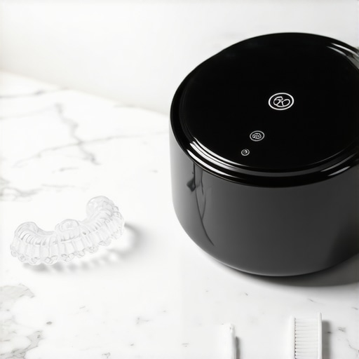Ultrasonic Aligner Cleaner for Maintenance A modern ultrasonic dental pod cleaning clear aligners on a marble counter