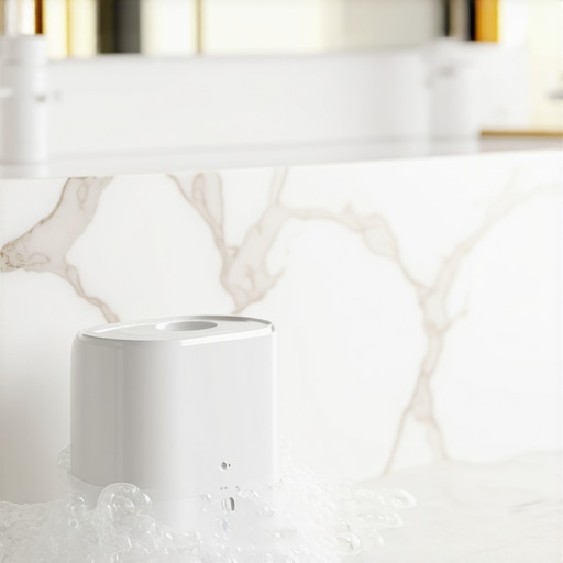 Ultrasonic Aligner Cleaner for Pristine Hygiene An ultrasonic cleaning pod for Invisalign and clear aligners on a bathroom counter.