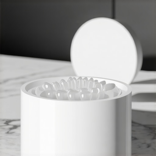 A sleek white ultrasonic cleaning device for dental appliances on a modern vanity.