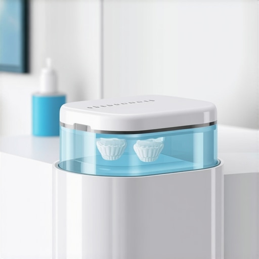 A sonic cleaning device for Invisalign and dental trays on a bathroom counter.