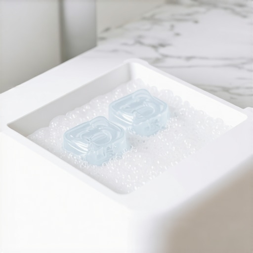 A compact ultrasonic cleaner for dental retainers and clear aligners on a bathroom vanity.