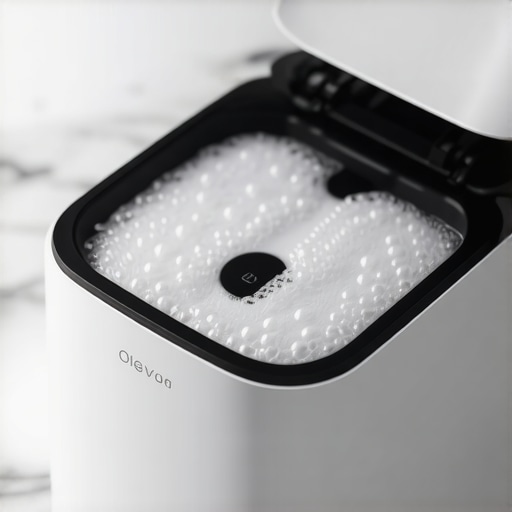 Ultrasonic Dental Cleaner for Aligners An ultrasonic cleaner on a bathroom counter cleaning clear Invisalign trays.