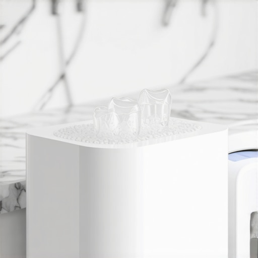 Ultrasonic Dental Cleaner for Retainers An ultrasonic cleaning pod cleaning a clear dental aligner with microscopic bubbles.