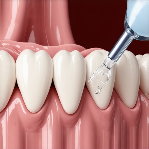 Using a water flosser on a dental bridge Close-up of a water flosser cleaning a dental bridge at a 45-degree angle.