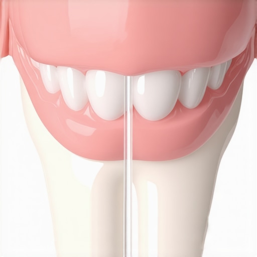 Using a water flosser on a dental bridge A person using a water flosser to clean debris from under a dental bridge.