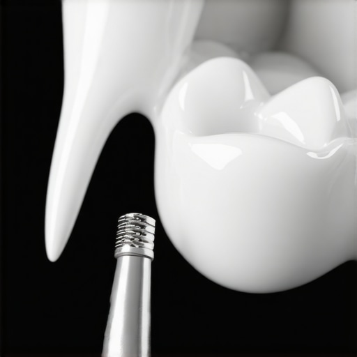 Using an Interdental Brush for Dental Bridge Care Close-up of an interdental brush cleaning under a dental bridge to remove plaque and debris.