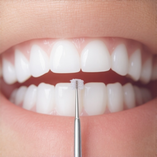 Using an interdental brush on a lingual retainer Close-up view of an interdental brush cleaning a permanent dental wire